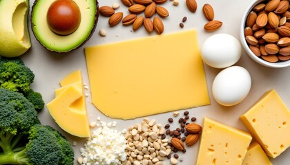 A flat lay image showcasing a balanced diet composed of various healthy fats and protein sources, such as creamy avocado slices, crunchy almonds, protein rich eggs, nutrient packed broccoli florets