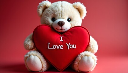 A soft, plush teddy bear holding a red heart shaped pillow with "I Love You" embroidered on it, perfect for Valentine's Day gifting.