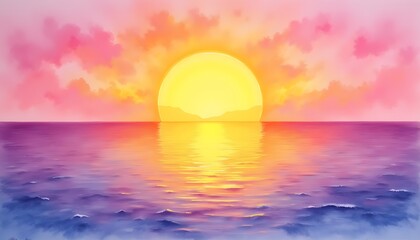 The watercolor painting depicts a vibrant golden sunset casting a warm, ethereal glow over the calm ocean horizon, with the sky aglow in shades of pink, purple