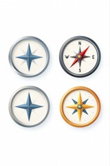 Four vintage compasses on a white background showing direction and navigation tools