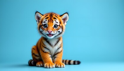A cute and adorable tiger cub with orange and black striped fur is sitting on a blue background, smiling sweetly with its mouth slightly open