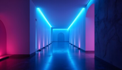 A beautifully lit LED passageway in a sleek, minimalist space, with long exposure photography capturing the soft, ethereal glow that emanates from the lights