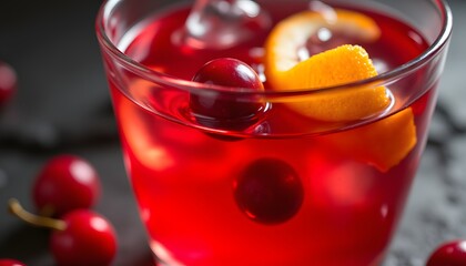 The close up image showcases a clear glass filled with a vibrant red liquid, garnished with a twist of orange peel and a couple of fresh cranberries floating on the surface
