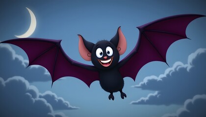 The cartoon bat is depicted with round, shiny eyes and a friendly smile, its wings spread wide as it soars gracefully through the sky.