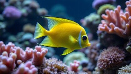 The bright yellow copperband butterflyfish gracefully navigates through the vibrant coral reef, its slender body and distinctive black bands contrasting beautifully against the colorful backdrop.