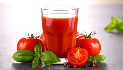 Glass of tomato juice surrounded by fresh tomatoes, basil leaves, sliced tomato, and peppercorns on a surface, symbolizing freshness, natural produce, and healthy ingredients.