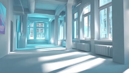 A sunlit, airy, light-blue interior space showcases high ceilings and large windows, filled with natural light.