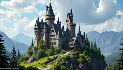 The castle stood tall and majestic, with a towering turret reaching towards the sky, while a cozy, humble house nestled at its base, creating a striking contrast between grandeur and simplicity.