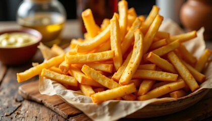 The crisp golden fries, seasoned to perfection, are a delightful treat that brings smiles to faces at the laid back evening gathering