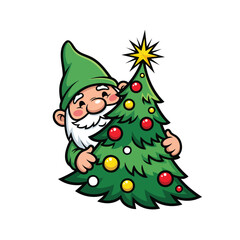 Cheerful cartoon gnome in a green hat hugging a decorated Christmas tree with a star.