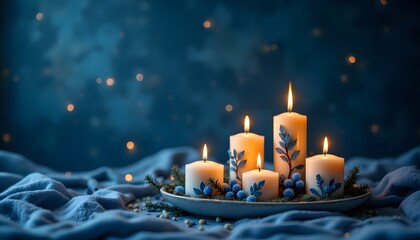 A festive arrangement of Christmas candles adorned with delicate blue leaf decorations stands out against a softly blurred dark blue background, casting a warm and inviting glow.