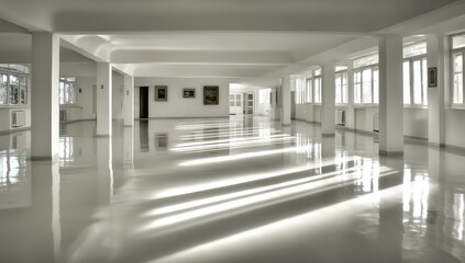 A spacious, white interior with polished floor reflecting the light, showcasing long, slender shadows.