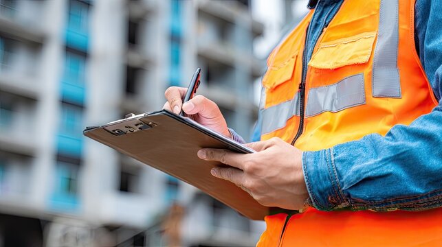 A construction worker in an orange safety vest and blue jeans, holding a clipboard and pen, standing in front of a building under construction.