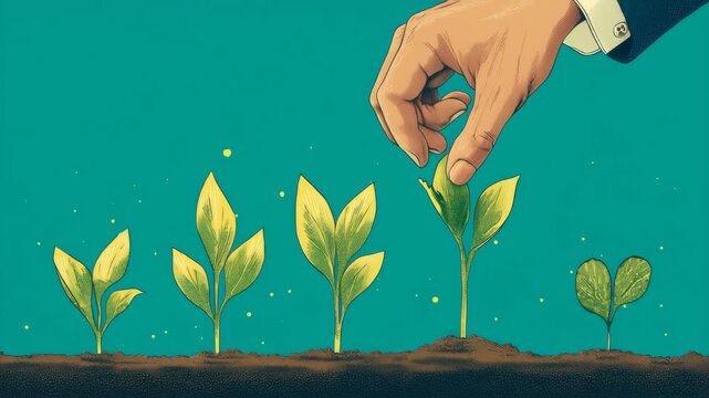男性が若木を支え未来の成長を示す学習概念図