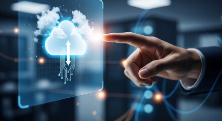 Male hand interacting with a digital cloud interface, displaying data transfer and storage. Concept for cloud computing infrastructure, data security management and network solutions