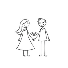 Cute stick figure couple holding hands with a connection symbol a simple line drawing.
