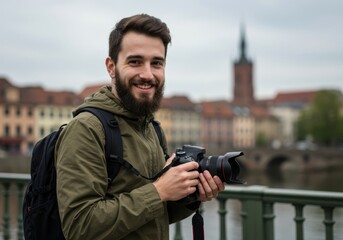A smiling bearded man with a camera and backpack stands on a bridge with a european city skyline in the background