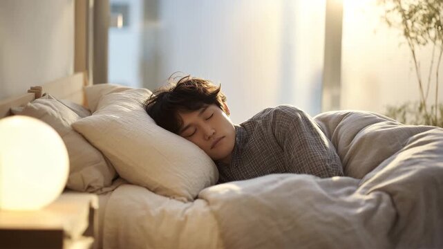 男性が冬の朝に穏やかに眠る光景