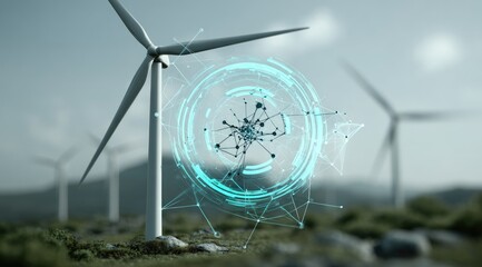 A futuristic overlay of data visualization and communication, superimposed on a wind turbine field under a cloudy sky, portrays the concept of sustainable energy and digital technology.