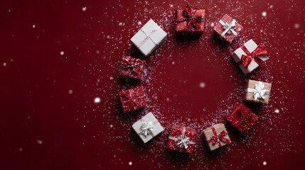 Festive arrangement of wrapped gifts in a circle on a red background with falling snowflakes