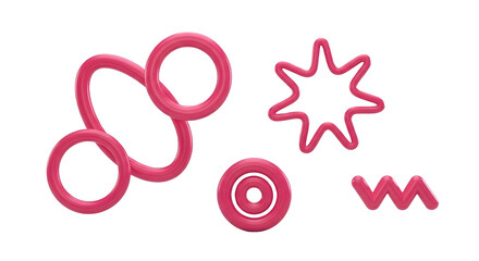 Abstract pink shapes isolated on transparent background, including interlocking rings, a starburst, a concentric circle, and a zigzag line