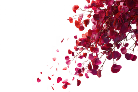 Elegant artistic arrangement featuring red leaves and falling petals against transparent background - Powered by Adobe