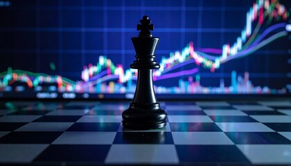 Chessboard with white king upright, black king toppled, and white queen in background, set against digital screen showing colorful financial charts, symbolizing strategic victory and market analysis.