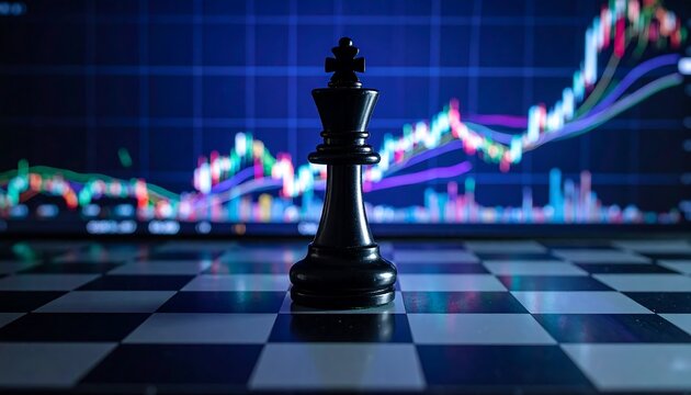 Chessboard with white king upright, black king toppled, and white queen in background, set against digital screen showing colorful financial charts, symbolizing strategic victory and market analysis.