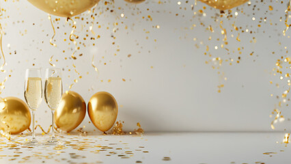 Obraz premium Elegant glam New Years Eve or festive celebration with champagne glasses, balloons and gold confetti on white and gold background with copy space