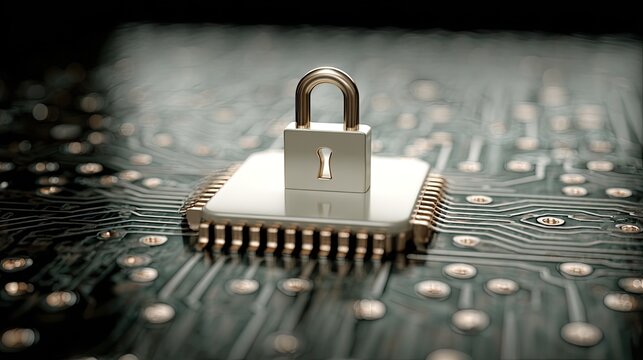 A padlock on a circuit board.