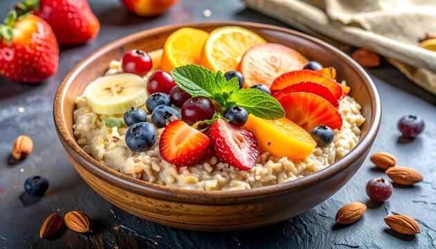 White bowl filled with granola, sliced kiwi, orange segments, blueberries, red currants, strawberry, and almonds, arranged neatly on white surface, symbolizing healthy and colorful breakfast. - Powered by Adobe