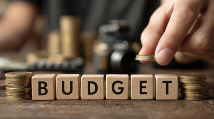 A hand placing a coin on a stack of wooden blocks that spell out the word 'BUDGET'. The scene is set on a wooden table with a blurred background