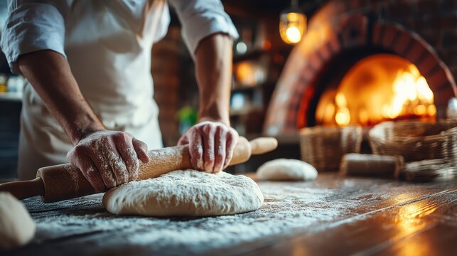 A baker rolls dough on a floured wooden table in front of a rustic, brick oven with a warm fire glowing inside