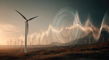 A vast wind farm at sunrise, overlaid with a dynamic visualization of energy, showcasing sustainable power generation.
