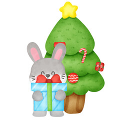 A rabbit is holding a blue box with a red ribbon on it in front of a Christmas tree