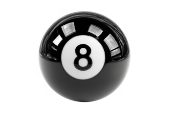 Isolated high angle studio shot of a shiny black and white number eight billiard ball transparent