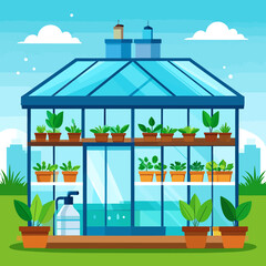 Obraz premium Vibrant Modern Greenhouse with Assorted Potted Plants and Urban Skyline Background. Sustainable Urban Gardening and Horticulture Vector Illustration, Promoting Green Living and Eco-Friendly Practices
