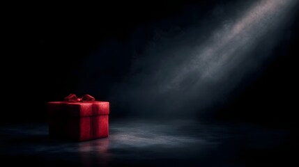 A solitary red gift box with a bow sits on a dark textured surface illuminated by a dramatic spotlight in a smoky atmospheric setting