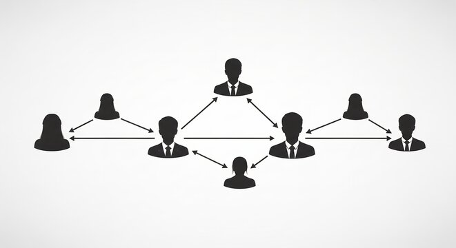 Black silhouette of people connected by arrows in a network structure displayed on white, concept for organizational chart, team management and hierarchical structure