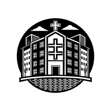 Monochrome emblem of a large urban hospital or medical center facade with a prominent double-barred cross, symbolizing healthcare and emergency servicesvector city illustration sketch of buildings and