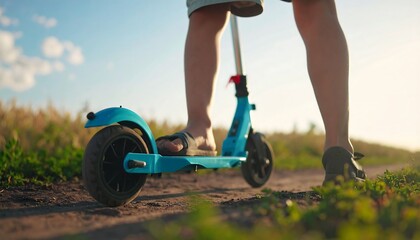 Obraz premium A vibrant blue scooter, a person's legs, and a sun-drenched country path create a serene and active summer scene.
