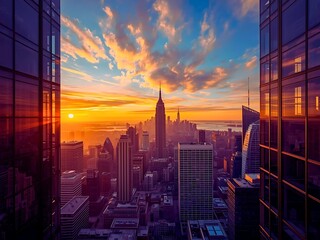 Fototapeta premium A breathtaking time-lapse of a modern city skyline during sunrise, warm golden light reflecting on skyscraper windows, soft moving clouds