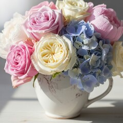 Beautiful Bouquet of Roses and Hydrangeas in a Vintage Cup