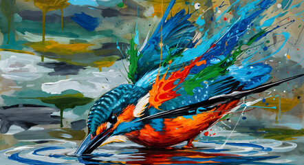 Colorful kingfisher bird diving into water with abstract paint splashes