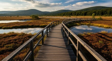 Fototapeta premium Picturesque Boardwalk Winding Through a Serene Marsh Landscape