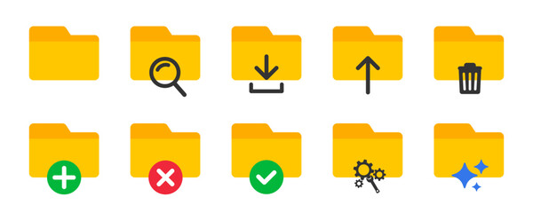 Folder icon set with file management symbols. Search, upload, download. Add, repair, AI improvements. UI UX designs
