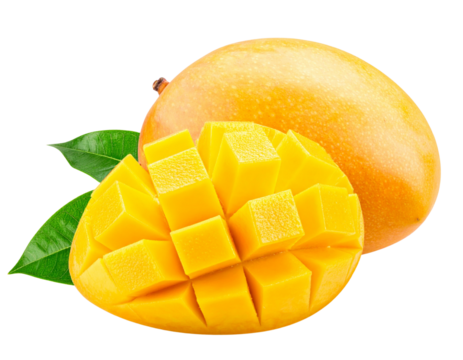 Mango with Green Leaf and Stem, Whole and Halved Combination, Isolated