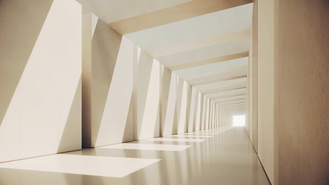Abstract architectural corridor animation with bright sunlight casting geometric shadows. Looping futuristic hallway. Ultra HD 4K 3840x2160 animation.