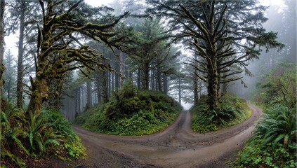 A misty forest path diverges into two winding trails, showcasing lush greenery and ancient trees draped in moss.