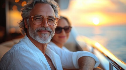 Relaxing sunset moment ocean cruise couple enjoying scenic view serene atmosphere warm colors
